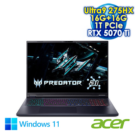 ACER Predator Helios Neo 18 PHN18-72-92A2 黑 18吋AI電競筆電 (WQXGA IPS 240Hz/Intel Ultra 9 275HX/16Gx2 DDR5/1T PCIE SSD/NVIDIA RTX5070Ti  12G/WIN 11)