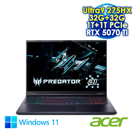 ACER Predator Helios Neo 18 PHN18-72-92A2 黑 18吋AI電競筆電 (WQXGA IPS 240Hz/Intel Ultra 9 275HX/32G+32G DDR5/1T+1T PCIE SSD/NVIDIA RTX5070Ti  12G/WIN 11)【全面升級特仕版】