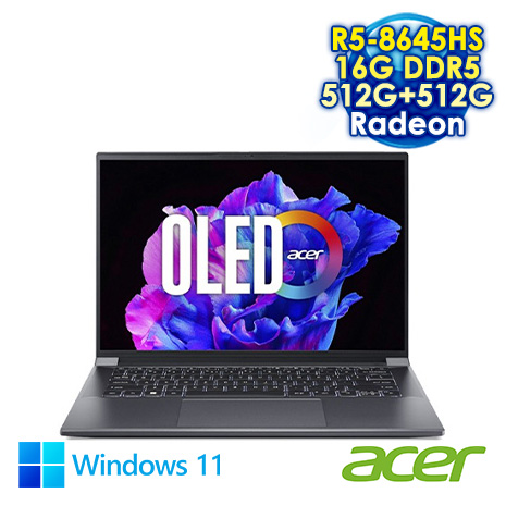 ACER Swift Go SFG14-63-R90F 灰 14吋AI筆電 (2.8K OLED/AMD R5-8645HS/16G DDR5/512G+512G PCIE SSD/WIN 11)【硬碟升級特仕版】