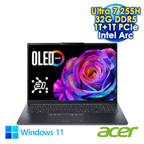 ACER Swift Go 16 SFG16-73-71S0 灰 16吋AI&EVO筆電 (2.8K OLED/Intel Ultra 7 255H/32G DDR5/1T+1T PCIE SSD/Intel Arc/WIN 11)【硬碟升級特仕版】