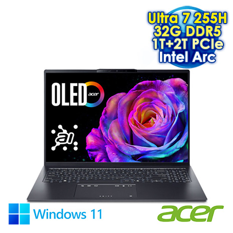 ACER Swift Go 16 SFG16-73-71S0 灰 16吋AI&EVO筆電 (2.8K OLED/Intel Ultra 7 255H/32G DDR5/1T+2T PCIE SSD/Intel Arc/WIN 11)【硬碟升級特仕版】