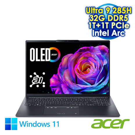 ACER Swift Go 16 SFG16-73-972U 灰 16吋AI&EVO筆電 (2.8K OLED/Intel Ultra 9 285H/32G DDR5/1T+1T PCIE SSD/Intel Arc/WIN 11)【硬碟升級特仕版】