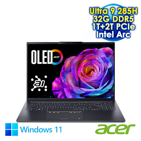 ACER Swift Go 16 SFG16-73-972U 灰 16吋AI&EVO筆電 (2.8K OLED/Intel Ultra 9 285H/32G DDR5/1T+2T PCIE SSD/Intel Arc/WIN 11)【硬碟升級特仕版】