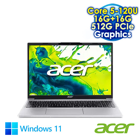 ACER Aspire Lite 15 AL15-51P-50GN 銀 15.3吋筆電 (WUXGA IPS 120Hz/Intel Core 5-120U/16G+16G DDR5/512G PCIE SSD/WIN 11)【記憶體升級特仕版】