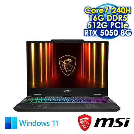 MSI Cyborg 15 B2RWEKG-028TW 黑 15.6吋電競筆電 (FHD IPS 144Hz/Intel Core7-240H/16G DDR5/512G PCIe SSD/NVIDIA RTX 5050 8G/WIN 11)