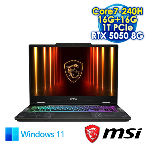 MSI Cyborg 15 B2RWEKG-028TW 黑 15.6吋電競筆電 (FHD IPS 144Hz/Intel Core7-240H/16G+16G DDR5/1T PCIe SSD/NVIDIA RTX 5050 8G/WIN 11)【全面升級特仕版】