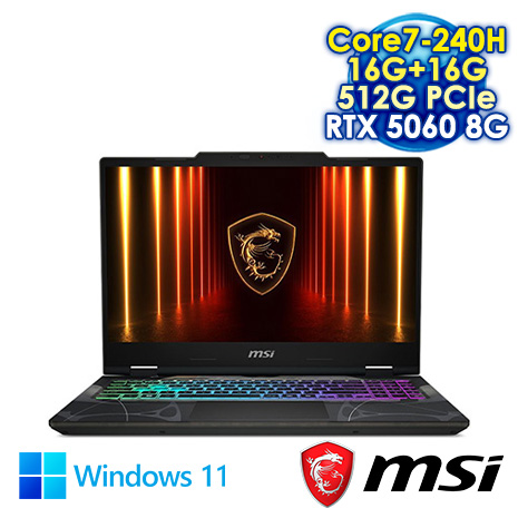 MSI Cyborg 15 B2RWFKG-027TW 黑 15.6吋電競筆電 (FHD IPS 144Hz/Intel Core7-240H/16G+16G DDR5/512G PCIe SSD/NVIDIA RTX 5060 8G/WIN 11)【記憶體升級特仕版】