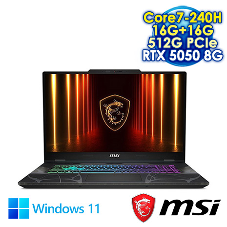 MSI Cyborg 17 B2RWEKG-019TW 黑 17.3吋電競筆電 (FHD IPS 144Hz/Intel Core7-240H/16G+16G DDR5/512G PCIe SSD/NVIDIA RTX 5050 8G/WIN 11)【記憶體升級特仕版】
