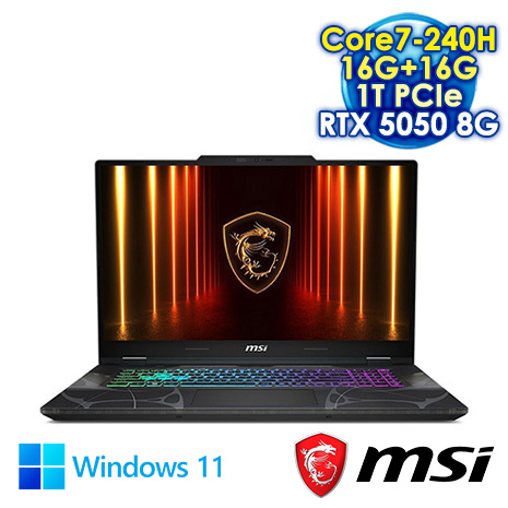 MSI Cyborg 17 B2RWEKG-019TW 黑 17.3吋電競筆電 (FHD IPS 144Hz/Intel Core7-240H/16G+16G DDR5/1T PCIe SSD/NVIDIA RTX 5050 8G/WIN 11)【全面升級特仕版】