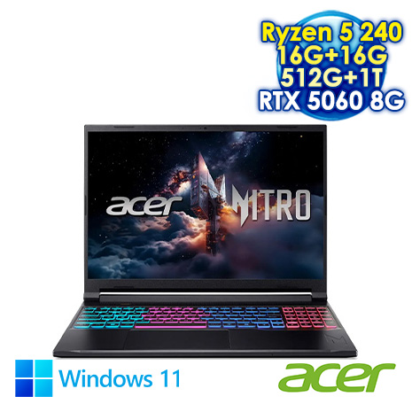 ACER Nitro V ANV16S-41-R5FT 黑 16吋電競筆電 (WUXGA IPS 180Hz/AMD Ryzen 5 240/16G+16G DDR5/512G+1T PCIE SSD/NVIDIA RTX 5060 8G/WIN 11)【全面升級特仕版】