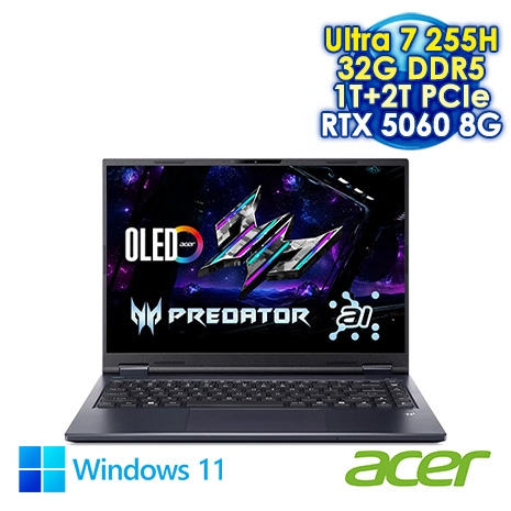 ACER Predator Helios Neo 14 PHN14-71-74GT 黑 14.5吋AI電競筆電 (WQXGA+ OLED 120Hz/Intel Ultra7 255H/32G DDR5/1T+2T PCIE SSD/NVIDIA RTX 5060 8G/WIN 11)【硬碟升級特仕版】