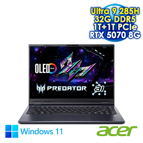 ACER Predator Helios Neo 14 PHN14-71-96GV 黑 14.5吋AI電競筆電 (WQXGA+ OLED 120Hz/Intel Ultra 9 285H/32G DDR5/1T+1T PCIE SSD/NVIDIA RTX 5070 8G/WIN 11)【硬碟升級特仕版】