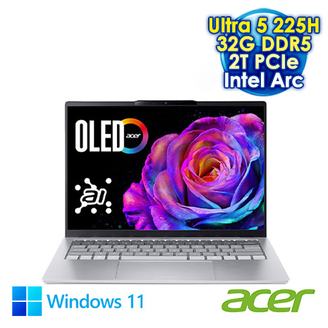 ACER Swift Go 14 SFG14-74-55TY 銀 14吋AI&Evo筆電 (WUXGA OLED/Intel Ultra 5 225H/32G DDR5/2T PCIE SSD/WIN 11)【硬碟升級特仕版】