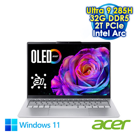 ACER Swift Go 14 SFG14-74-95CQ 銀 14吋AI&Evo筆電 (2.8K OLED/Intel Ultra 9 285H/32G DDR5/2T PCIE SSD/WIN 11)【硬碟升級特仕版】