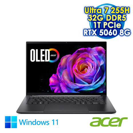 ACER Swift X 14 SFX14-73G-78HM 灰 14.5吋AI效能筆電 ( WQXGA+ OLED 120Hz/Intel Ultra 7 255H/32G DDR5/1T PCIe SSD/RTX 5060 8G/WIN 11)