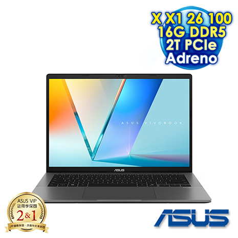 ASUS Vivobook S14 S3407QA-0032G26100 夜幕灰 14吋AI效能筆電 (FHD OLED/Snapdragon X X1 26 100/16G DDR5/2T PCIE SSD/WIN 11)【硬碟升級特仕版】