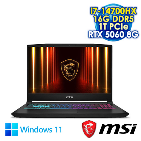 MSI Katana 15 HX B14WFK-689TW 黑 15.6吋電競筆電 (FHD IPS 144Hz/Intel i7-14700HX/16G DDR5/1T PCIE SSD/RTX 5060 8G/WIN 11)
