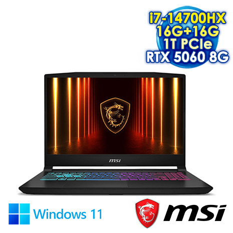 MSI Katana 15 HX B14WFK-689TW 黑 15.6吋電競筆電 (FHD IPS 144Hz/Intel i7-14700HX/16G+16G DDR5/1T PCIE SSD/RTX 5060 8G/WIN 11)【記憶體升級特仕版】