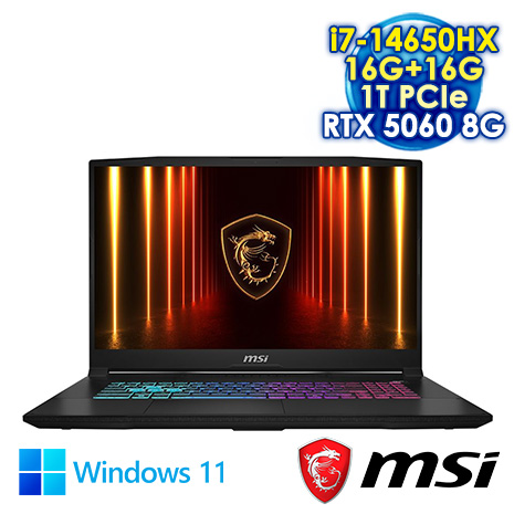 MSI Katana 17 HX B14WFK-203TW 黑 17.3吋電競筆電 (QHD IPS 240Hz/Intel i7-14650HX/16G+16G DDR5/1T PCIE SSD/RTX 5060 8G/WIN 11)【記憶體升級特仕版】