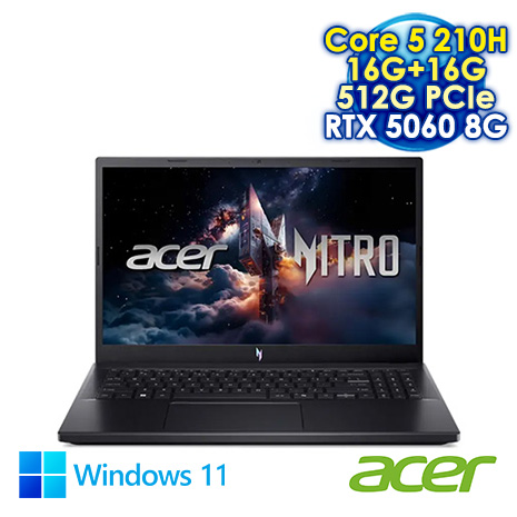 ACER Nitro V ANV15-52-52CL 黑 15.6吋電競筆電 (FHD IPS 165Hz/Intel Core 5 210H/16G+16G DDR4/512G PCIE SSD/NVIDIA RTX 5060 8G/WIN 11)【記憶體升級特仕版】