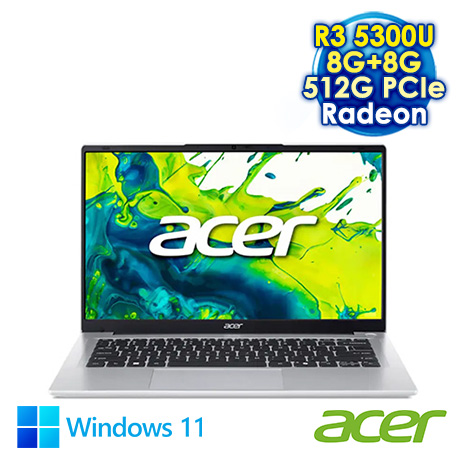 ACER Aspire Lite 14 AL14-42P-R65J 銀 14吋效能筆電 (WUXGA IPS/AMD Ryzen 3 5300U/8G+8G DDR4/512G PCIe SSD/WIN 11)【記憶體升級特仕版】