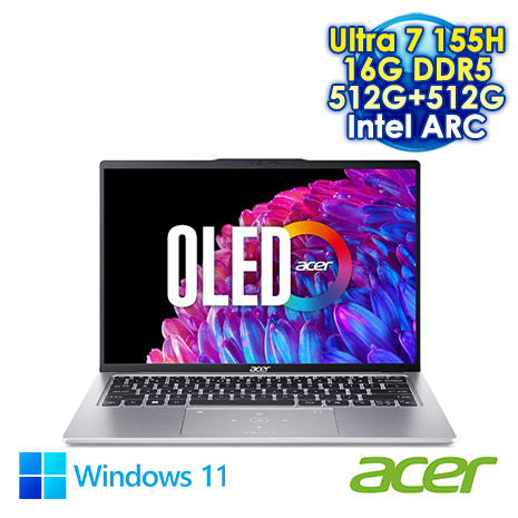 ACER Swift Go 14 SFG14-73-731T 銀 14吋AI&EVO筆電 (2.8K OLED/Intel Ultra 7 155H/16G DDR5/512G+512G PCIE SSD/WIN 11)【硬碟升級特仕版】