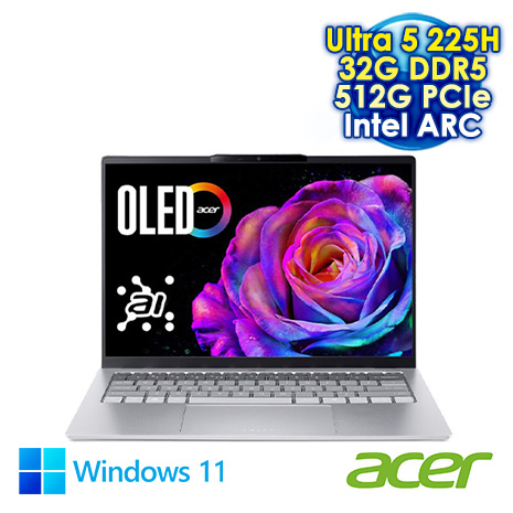 ACER Swift Go 14 SFG14-74-52KR 銀 14吋AI&Evo筆電 (2.8K OLED/Intel Ultra 5 225H/32G DDR5/512G PCIE SSD/WIN 11)
