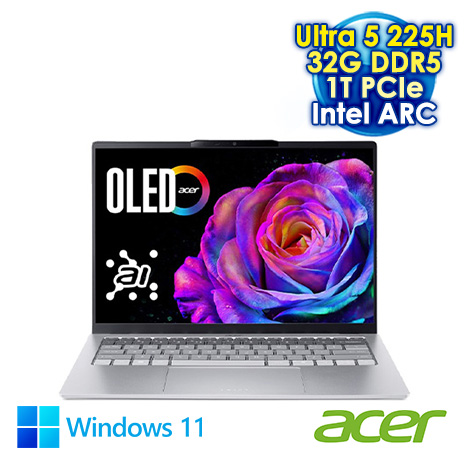 ACER Swift Go 14 SFG14-74-52KR 銀 14吋AI&Evo筆電 (2.8K OLED/Intel Ultra 5 225H/32G DDR5/1T PCIE SSD/WIN 11)【硬碟升級特仕版】