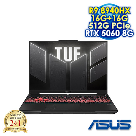 【記憶體升級特仕版】ASUS TUF Gaming A16 FA608PMR-0041A8940HX 御鐵灰 16吋電競筆電 (2.5K IPS 165Hz/AMD Ryzen 9 8940HX/16G+16G DDR5/512G PCIE SSD/NVIDIA RTX 5060 8G/WIN 11)