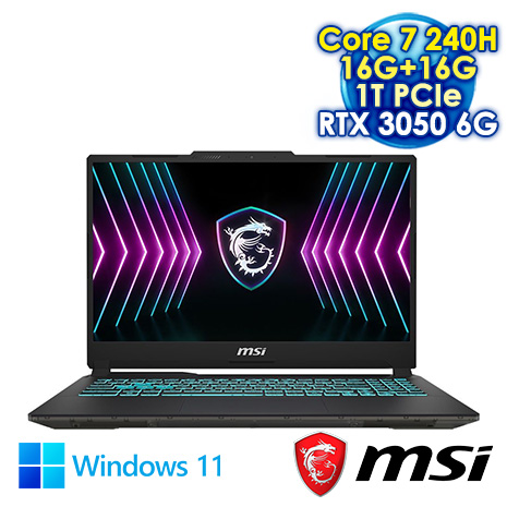 【全面升級特仕版】MSI Cyborg 15 A2RUDX-2095TW 黑 15.6吋電競筆電 (FHD IPS 144Hz/Intel Core 7-240H/16G+16G DDR5/1T PCIe SSD/NVIDIA RTX 3050 6G/WIN 11)