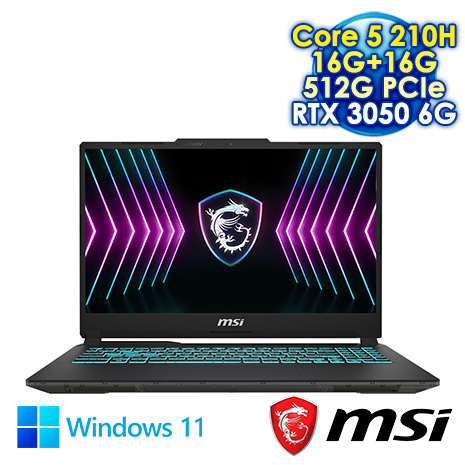 【記憶體升級特仕版】MSI Cyborg 15 A2RUDX-2288TW 黑 15.6吋電競筆電 (FHD IPS 144Hz/Intel Core 5-210H/16G+16G DDR5/512G PCIe SSD/NVIDIA RTX 3050 6G/WIN 11)