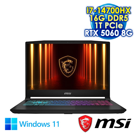 MSI Katana 15 HX B14WFK-884TW 黑 15.6吋電競筆電 (QHD IPS 165Hz/Intel i7-14700HX/16G DDR5/1T PCIe SSD/RTX 5060 8G/WIN 11)
