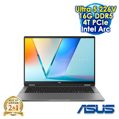 【硬碟升級特仕版】ASUS Vivobook 14 Flip TP3407SA-0043G226V 夜幕灰 14吋翻轉觸控筆電 (Touch FHD OLED/Intel Ultra 5 226V/16G DDR5/4T PCIe SSD/WIN 11)