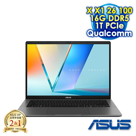 【硬碟升級特仕版】ASUS Vivobook S14 S3407QA-0042G26100 夜幕灰 14吋AI效能筆電 (FHD OLED/Snapdragon X X1 26 100/16G DDR5/1T PCIe SSD/WIN 11)