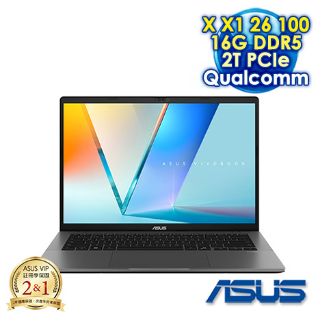【硬碟升級特仕版】ASUS Vivobook S14 S3407QA-0042G26100 夜幕灰 14吋AI效能筆電 (FHD OLED/Snapdragon X X1 26 100/16G DDR5/2T PCIe SSD/WIN 11)