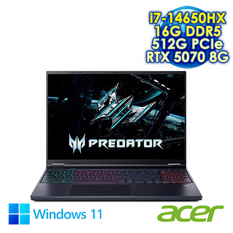 ACER Predator Helios Neo PHN16-I31-76HW 黑 16吋電競筆電 (WQXGA IPS 180Hz/Intel i7-14650HX/16G DDR5/512G PCIe SSD/NVIDIA RTX 5070 8G/WIN 11)