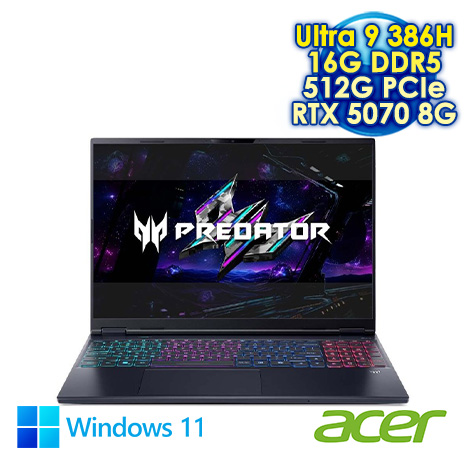 ACER Predator Helios Neo PHN16S-I51-91ZX 黑 16吋電競筆電 (WQXGA OLED 165Hz/Intel Ultra 9 386H/16G DDR5/512G PCIe SSD/NVIDIA RTX 5070 8G/WIN 11)