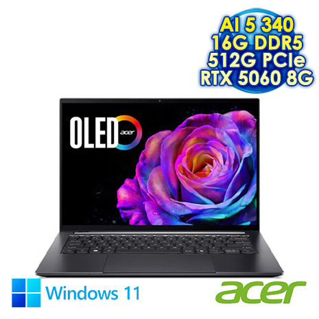 ACER Swift X SFX14-61G-R491 灰 14.5吋輕薄AI效能筆電 (WQXGA+ OLED 120Hz/AMD Ryzen AI 5 340/16G DDR5/512G PCIe SSD/NVIDIARTX 5060 8G/WIN 11)