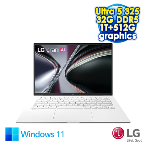 LG gram 14Z90U-G.AS67C2 純淨白 14吋極致輕薄AI筆電 (WQXGA IPS/Intel Ultra 5 325/32G DDR5/1TB+512G PCIe SSD/WIN 11)【硬碟升級特仕版】