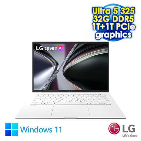 LG gram 14Z90U-G.AS67C2 純淨白 14吋極致輕薄AI筆電 (WQXGA IPS/Intel Ultra 5 325/32G DDR5/1TB+1TB PCIe SSD/WIN 11)【硬碟升級特仕版】