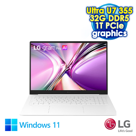 LG gram Pro 16Z90U-G.AU87C2 純淨白 16吋極致輕薄AI筆電 (WQXGA IPS/Intel Ultra 7 355/32G DDR5/1TB PCIe SSD/WIN 11)
