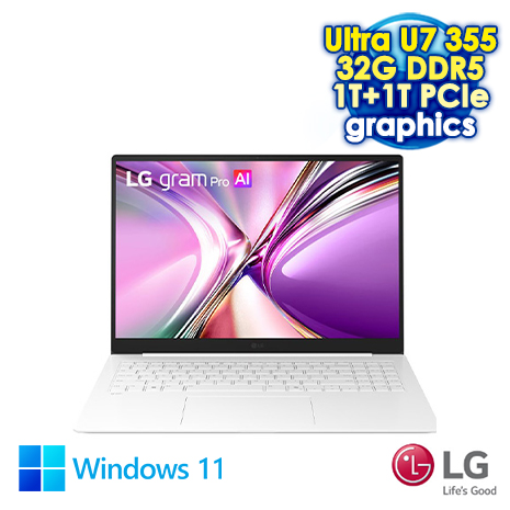 LG gram Pro 16Z90U-G.AU87C2 純淨白 16吋極致輕薄AI筆電 (WQXGA IPS/Intel Ultra 7 355/32G DDR5/1TB+1T PCIe SSD/WIN 11)【硬碟升級特仕版】
