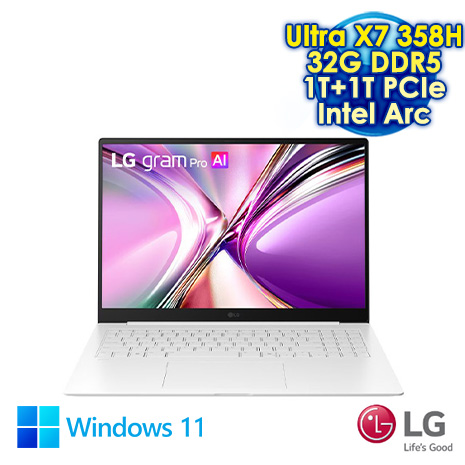 LG gram Pro 16Z90U 16吋極致輕薄AI筆電 (WQXGA+ OLED/Intel Ultra X7 358H/32G DDR5/1TB+1T PCIe SSD/WIN 11)【硬碟升級特仕版】