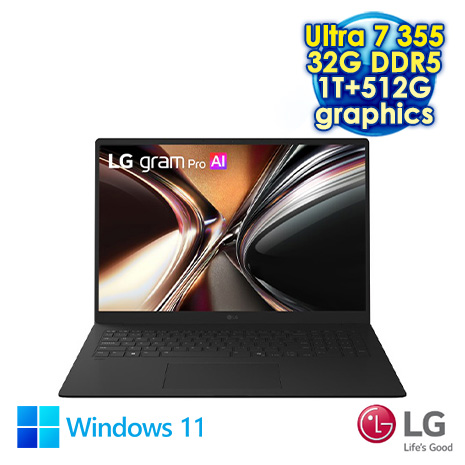 LG gram Pro 17Z90U-G.AU88C2 曜石黑 17吋極致輕薄AI筆電 (WQXGA IPS/Intel Ultra 7 355/32G DDR5/1TB+512G PCIe SSD/WIN 11)【硬碟升級特仕版】