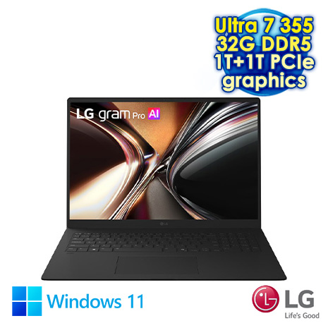 LG gram Pro 17Z90U-G.AU88C2 曜石黑 17吋極致輕薄AI筆電 (WQXGA IPS/Intel Ultra 7 355/32G DDR5/1TB+1T PCIe SSD/WIN 11)【硬碟升級特仕版】