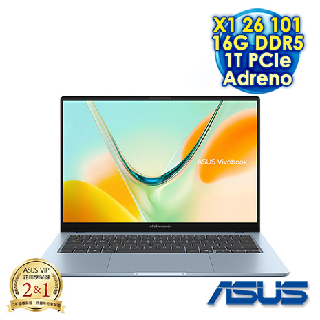 ASUS 華碩 Vivobook S14 S5408QA-0168B26101 率性藍 14吋AI效能筆電 (FHD OLED/Snapdragon X X1 26 101/16G DDR5/1T PCIe SSD/WIN 11)【硬碟升級特仕版】