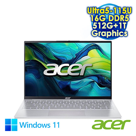 ACER Swift Lite 14 SFL14-54M-52F2 銀 14吋AI輕薄筆電 (WUXGA IPS/Intel Ultra 5-115U/16G DDR5/512G+1T PCIe SSD/WIN 11)【硬碟升級特仕版】