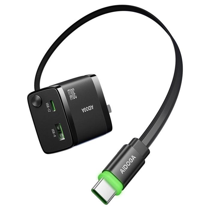 AIDOGA艾迪伽LQ CH4141智連系列雙孔GaN氮化鎵充電器30W快充自帶Type-C伸縮線