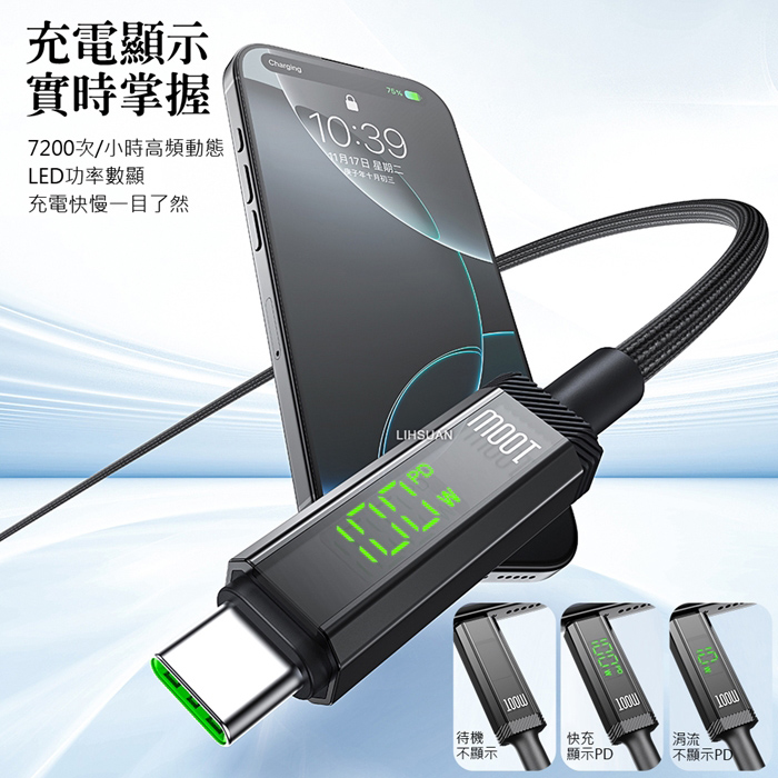 AIDOGA艾迪伽LQ DC4171鎧甲系列三合一 USB-A to Type-C智能斷電數顯補電充電傳輸線 100W 1.2M