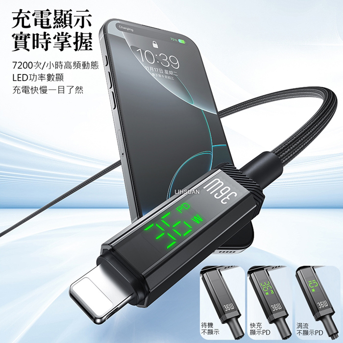 AIDOGA艾迪伽LQ DC4174鎧甲系列三合一 Type-C to Lightning PD智能斷電數顯補電充電傳輸線36W 1.2M